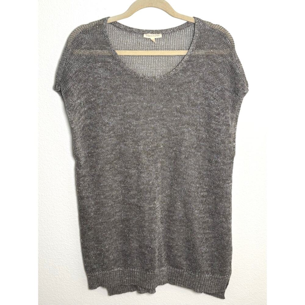 Eileen Fisher Sparkle Linen Short Sleeve Knit Sweater Moon Gray Medium